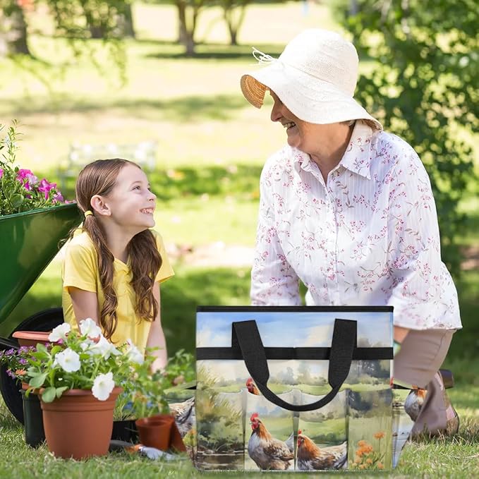 Garden Tool Bag Organizer Garden Tote Bag with Pockets Field Animal Rooster Tool Storage Organizer Gardening Tool Kit Holder 13" x 6.8" x 2.8"