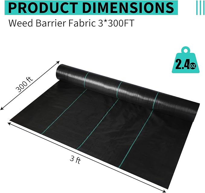 GarveeLife 3 x 300 ft Weed Barrier Fabric,2.4 oz Landscape Fabric,Heavy Duty PP Ground Cover for Gardening,Farming