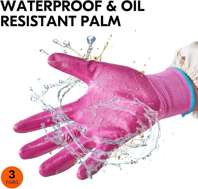 Vgo... 3Pairs Ladies' Nitrile Coating Gardening and Work Gloves (Size S, Green & Pink & Purple, NT2110)