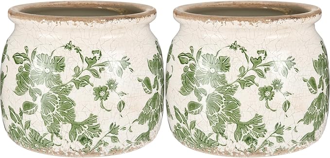 2 Pcs Vintage Planter Ceramic Plants Pot with Drainage Ice Crack Scroll Flower Vase Pot for Indoor Outdoor Plants Home Kitchen Decor Gifts (Vintage Floral,5.9")