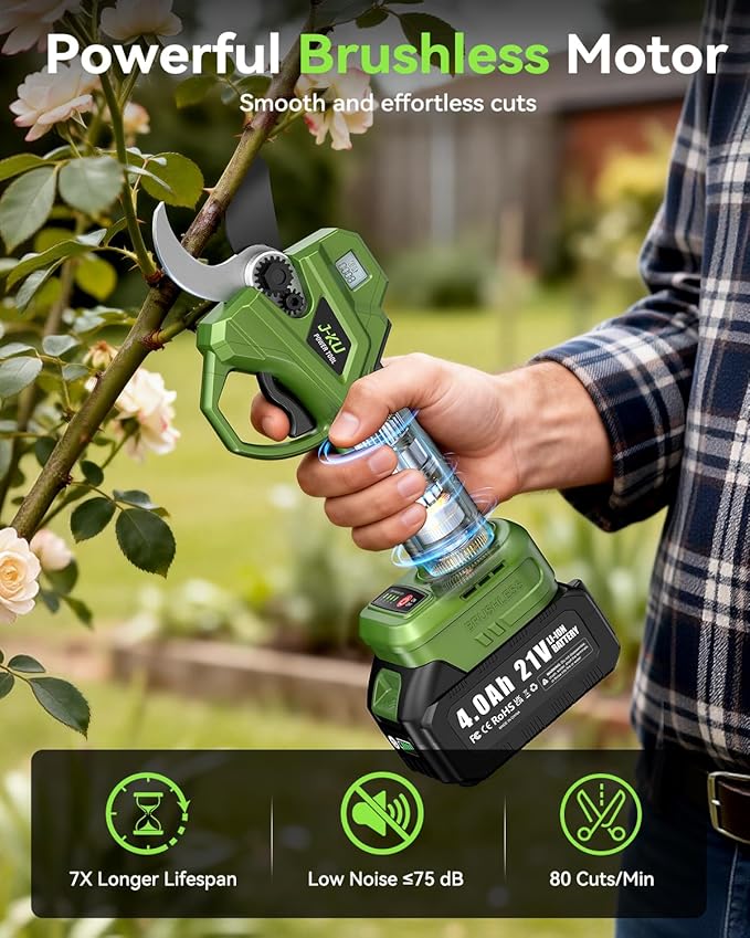 J-KU Electric Pruning Shears Cordless: 2-in-1 Electric Tree Pruner with Extension Pole, 21V 2×4000mAh Battery Powered, 1.4" Cutting Diameter, Brushless Pole Pruner Branch Cutter for Tree Trimmer