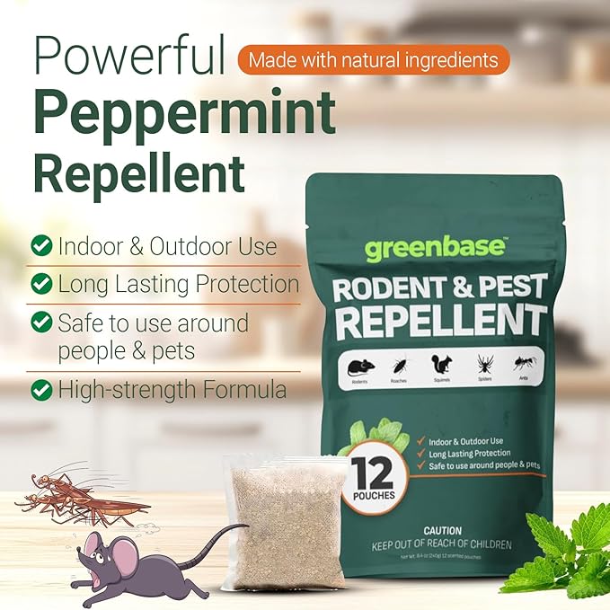 12 Pack Natural Rodent Repellent Pouches – Peppermint, Rosemary & Lemongrass Mouse & Rat Repellent for Home, Garage, Car, RV, Basement & Attic – Long Lasting Pest Control Safe for People & Pets