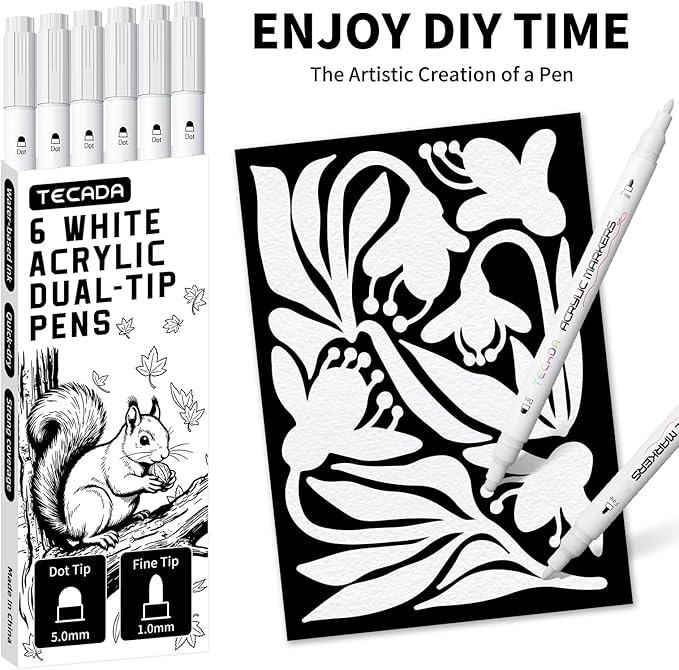 6 White Acrylic Paint Markers, Dual-Tip Acrylic Paint Pen for Rock, Fabric, Wood, Plastic, Canvas, Ceramic, Glass, Metal, DIY Crafts Art Supplies, Dot and Fine Tips