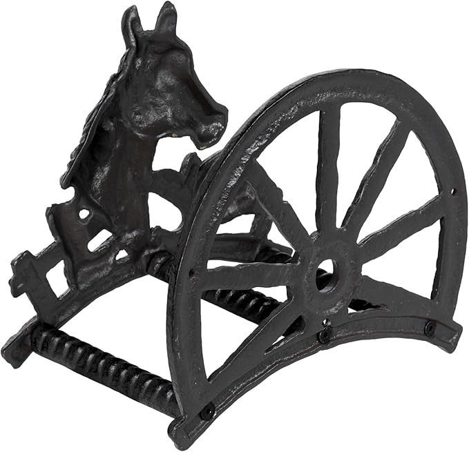 MyGift Horse and Wagon Design Hose Holder, Heavy Duty Cast Iron Outdoor Garden Hose Hanger, Wall Mounted Water Hose Holder Reel with Carriage Theme