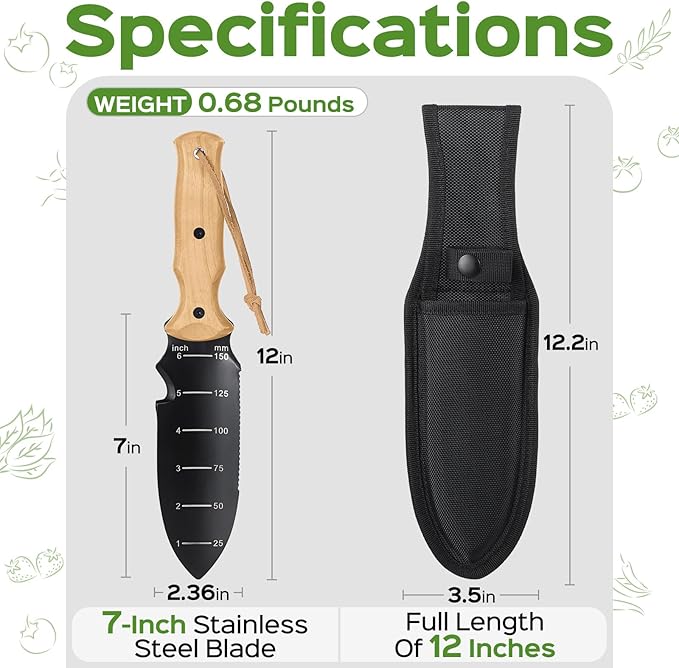 Garden Tools Trowel with EDC Sheath, Gifts for Men Women Mom Dad, Gardening Tools with 7" Stainless Steel Blade, Dual-Scale Measurement, Hanging Hole, Gardening Hand Tools for Weeding Digging Planting