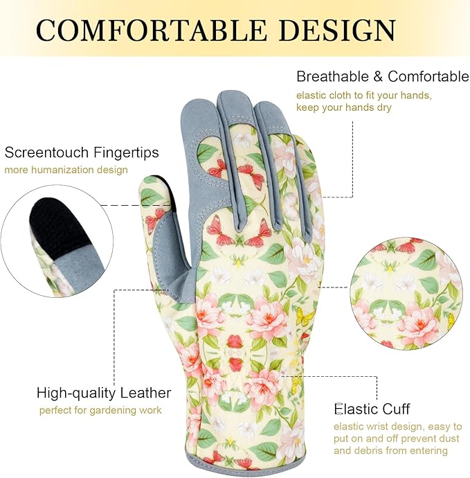 Leather Gardening Gloves for Women Thorn Proof Garden Gloves Touch Screen Working Gloves Gifts,M