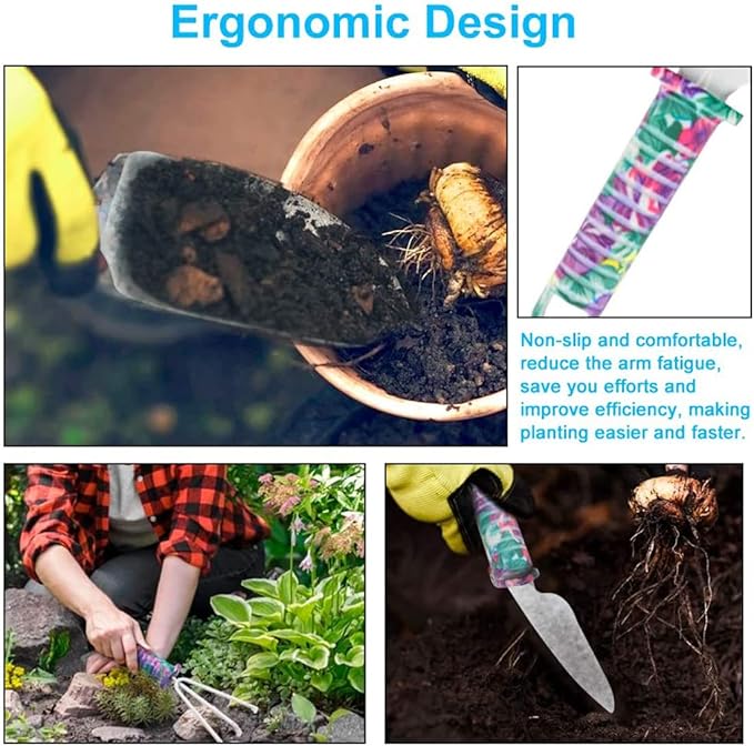 Gardening Tools, LEKEONE 10 Pieces Garden Tools with Floral Print, Ergonomic Handle Trowel Rake Weeder Pruner Shears Sprayer,Gardening Supplies with Carrying Case Gifts for Women