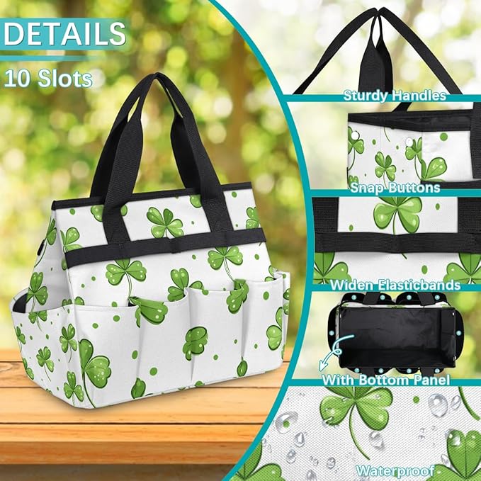 Clover Gardening Tool Bag,Heavy Duty Garden Tote Bag,Portable Oxford Leaf Gardening Storage Basket Organizer Handbag with Pockets Handle,Hand Tools Gifts for Outdoor Garden Lawn Yard