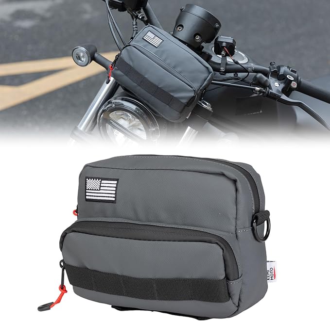 KEMIMOTO Motorcycle Handlebar Bag Universal Motorcycle Tool Bag Bicycle Bar Bag, Front Fork Storage Accessory, Sissy Bar Bag Compatible with Cruiser Softail Dyna Sportsters (Grey Carbon Fabric)