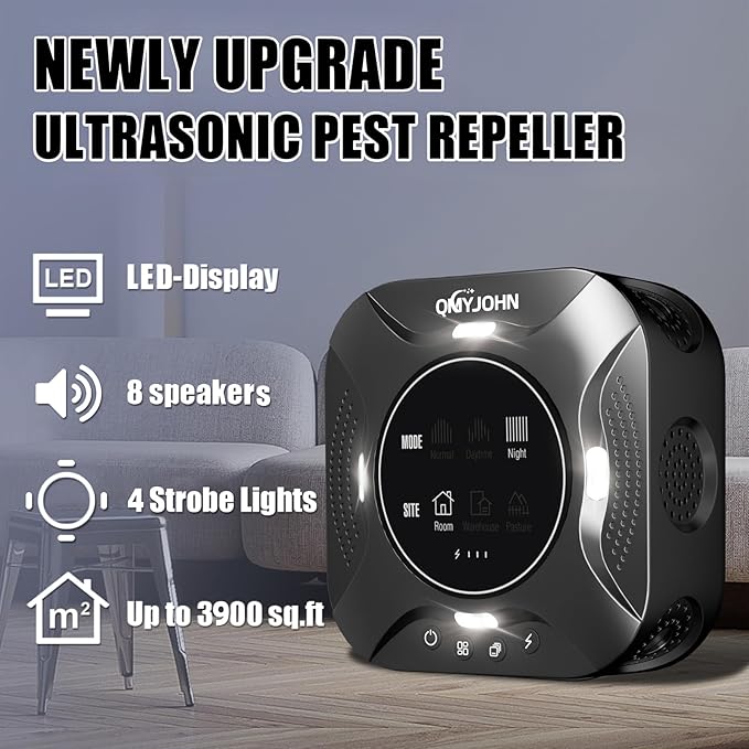 Indoor Ultrasonic Pest Repeller Plug-in with LED Strobe Light Display Screen,Effectively Repels mice,Squirrels,roaches & Other Rodents Within an Area of 3900 sq. ft.Suitable for attics,garages,etc.