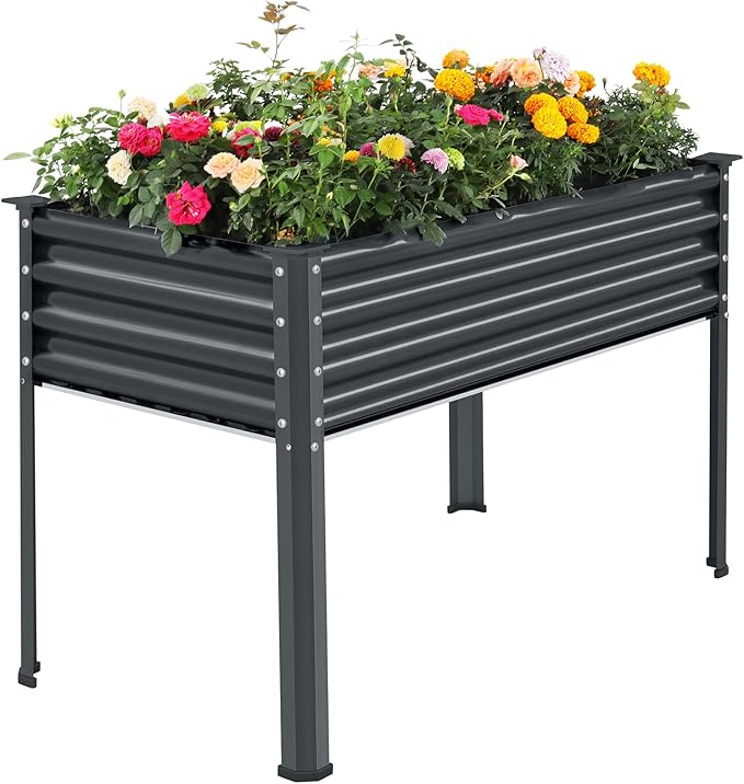 Land Guard Galvanized Raised Garden Bed with Legs, 48×24×32in Large Metal Elevated Raised Planter Box with Drainage Holes for Backyard, Patio, Balcony, 700lb Capacity(Grey)……
