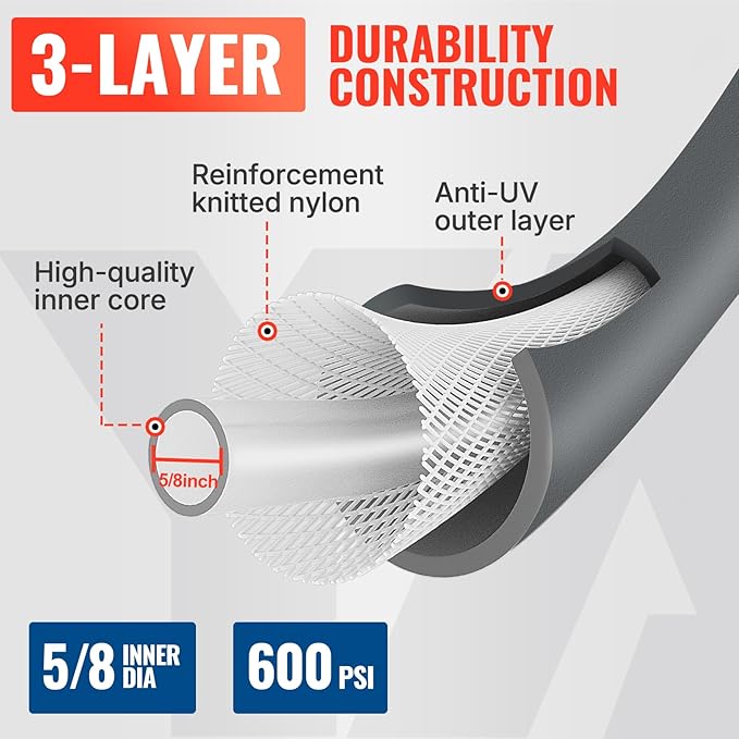 YAMATIC Heavy Duty Garden Hose 5/8 in x 100 ft with Swivel Handle, Super Flexible Water Hose, All-weather, Kink Resistant, Burst 600 PSI, Gray