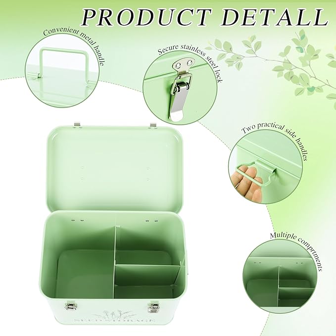 20 Slots Seed Storage Box with 3 Dividers, Metal Seed Storage Organizer Saving Box, Seeds Packet Container, Professional All-in-one Kit with 20 Seeds Envelopes and 60 Label Stickers