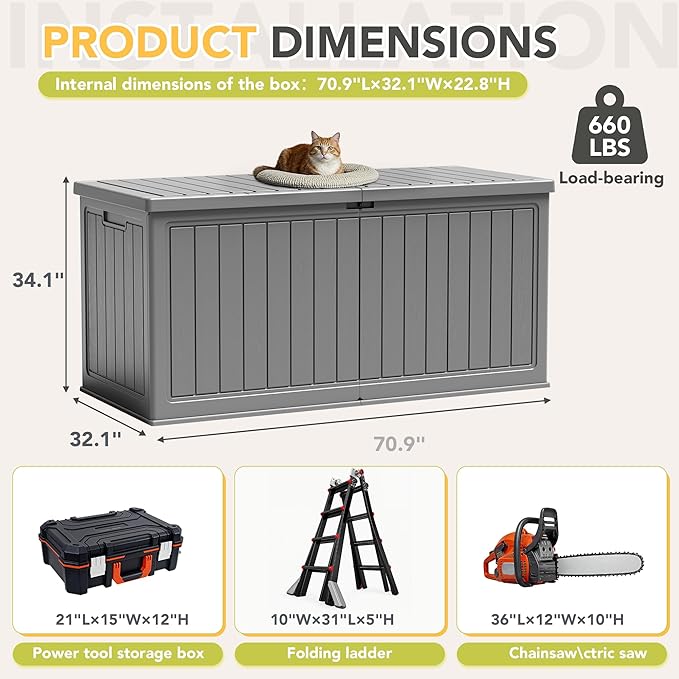 270 Gallon HDPE Deck Box Outdoor Indoor Waterproof Storage Box for Patio Furniture, Pool Accessories, Garden Tools, and Cushion Storage, Gray