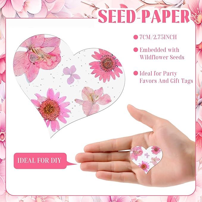24 Pink Heart Plantable Seed Paper with Wildflower Seeds – Favor for Bridal Shower, Wedding Gift, Birthday, Garden Keepsake, Let Love Grow