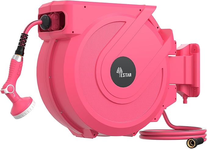 Retractable Garden Hose Reel 5/8 in x100 ft, Heavy Duty Wall Mounted Hose Reel with 10- Function Sprayer Nozzle, Any Length Lock/Automatic Slow Return System,180° Swivel Bracket