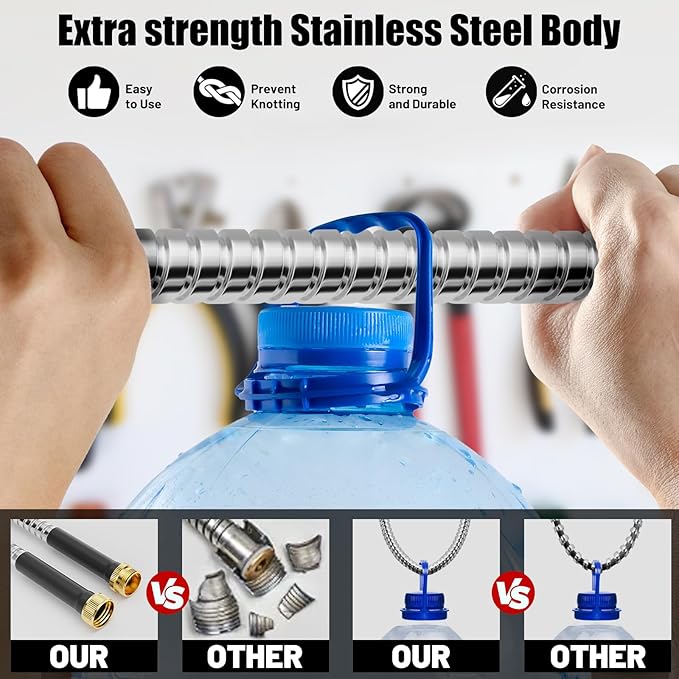 Garden Hose 25 ft, Stainless Steel Metal Water Hose with Nozzle, Flexible and Durable, Rust Proof, No-Kink, Heavy Duty, Leakproof 3/4'' Brass Fittings, Lightweight Hose for Patio, Lawn