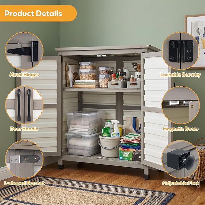 PetsCosset Outdoor Storage Cabinet with Lockable Doors, Wood & Plastic Horizontal Garden Patio Storage Box for Tools Toys Pool Accessories, Easy to Assemble, White