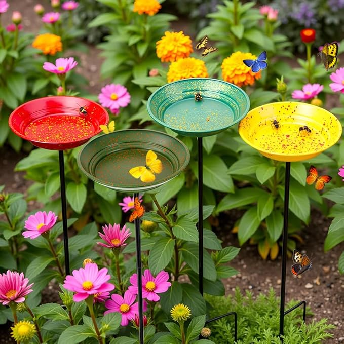 dreamysoul 4 Pack Bee Watering Station, Metal Bee and Butterfly Feeders with Metal Stake, Bee Butterfly and Bird Bath for Outdoor Garden Yard Lawn Decor