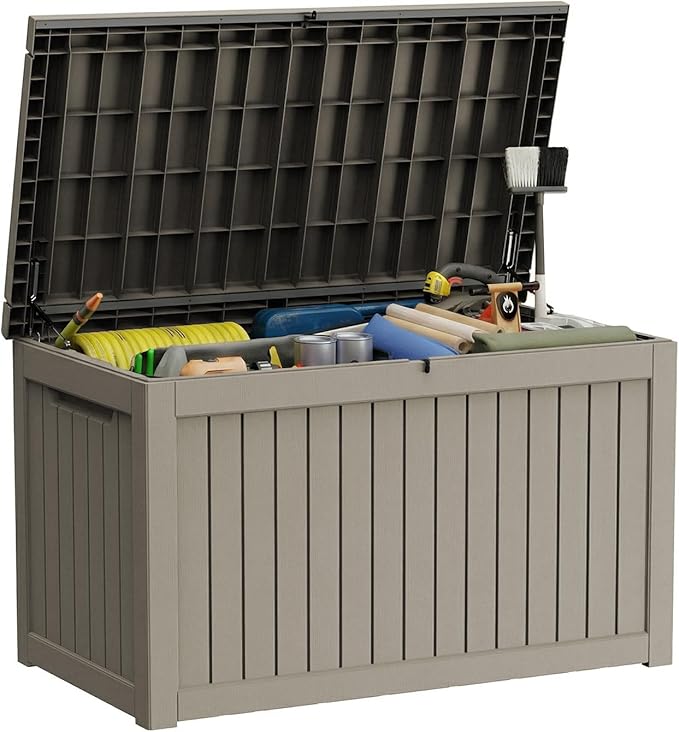 280 Gallon Outdoor Storage Deck Box Waterproof Resin Lockable Outside Bench Porch Patio Furniture Pool Float Garden Tool Cushion UV Resistant Bin Beige