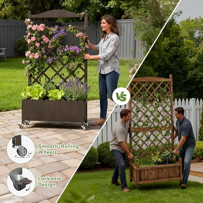 COMHOMA Raised Garden Bed with Trellis and Wheels,48Inch Elevated Planter Box with Drainage Holes,Lattice Privacy Screen for Climbing Plants Vegetables,Outdoor for Patio Balcony Yard,Brown