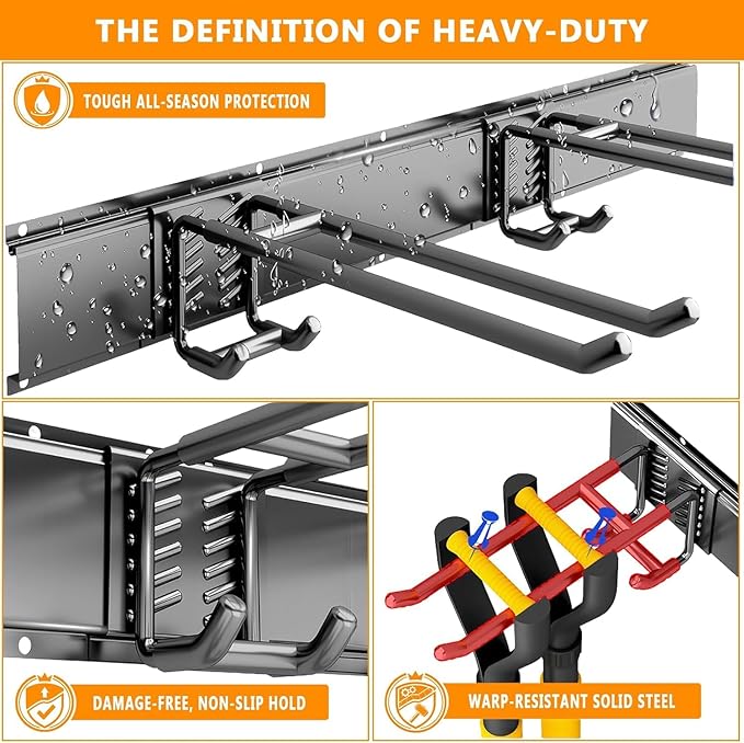 48 Inch Garage Tool Organizer Wall Mount - Heavy Duty 480 lbs Capacity Tool Rack with 6 Adjustable Hooks, Wall Mounted Storage System for Garage, Shed, Workshop (Black)