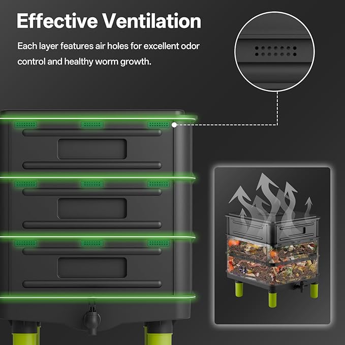 3-Layer Worm Composter, 50L(13.21Gal) Worm Compost Bin for Indoor & Outdoor, Worm Farm Starter Kits for Vermicomposting Starter, Garden Composting Bin for Recycling Food Waste (Black)