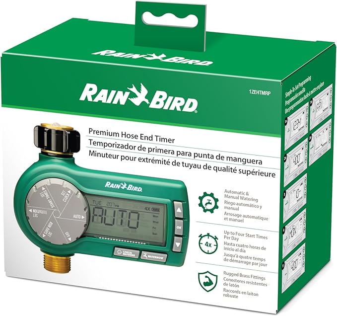 Rain Bird 1ZEHTMRP Premium Professional Grade Electronic Digital Hose End Timer/Controller, One Zone/Station, Battery Operated, Digital with Brass Inlet/Outlet