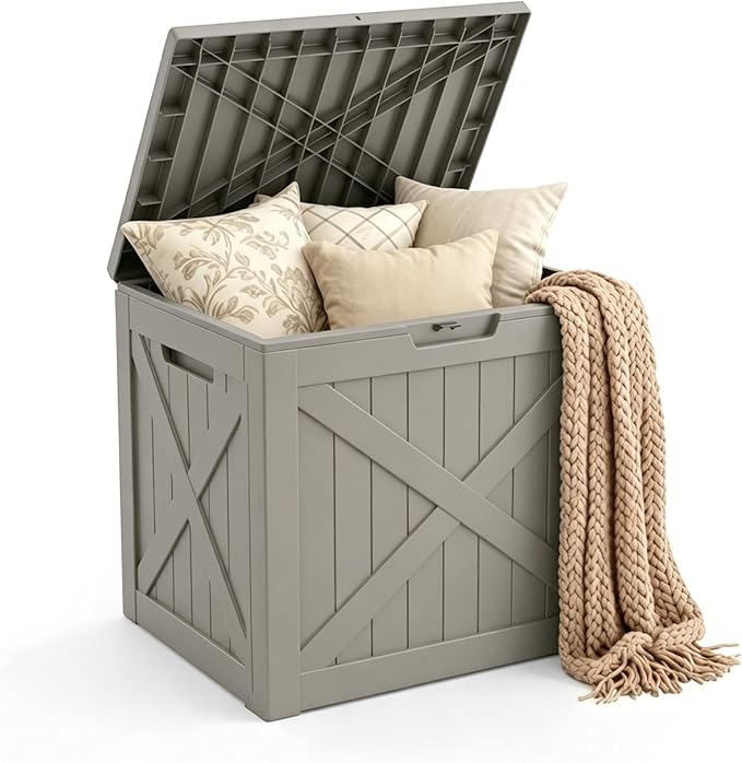 Mars Villa 31 Gallon Barn Style Deck Box, Outdoor Storage Box Waterproof, Lockable Lid, Weatherproof and UV Resistant Resin Storage Bin for Patio Furniture Cushion, Pool Supply, Garden Tool, Greige