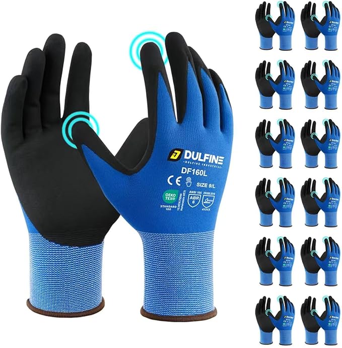 Safety Work Gloves MicroFoam Nitrile Coated-12 Pairs Pack,Blue Seamless Knit Nylon Glove with Black Micro-Foam Nitrile Grip,Ideal for General Purpose,Automotive,Home Improvement,Painting(XX-Large)