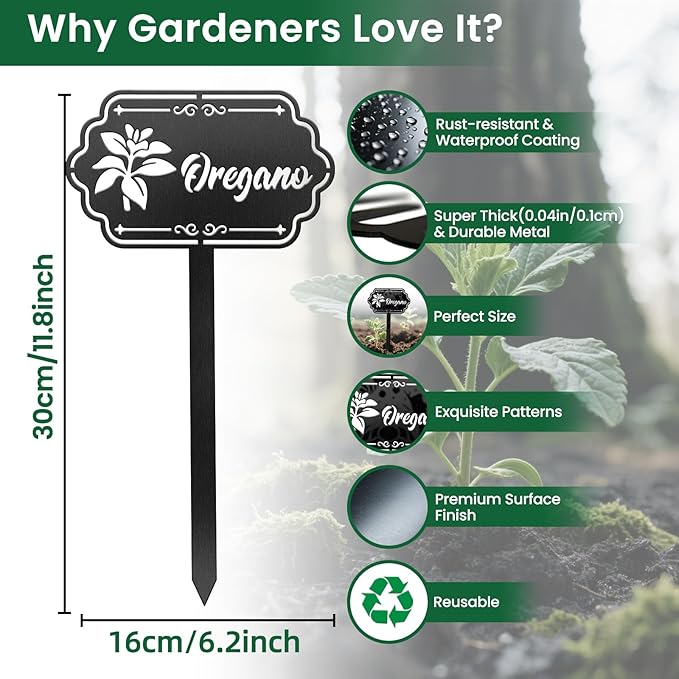 CUTHOLLOW Metal Plant Marker Stake Oregano for Outdoor Indoor, Waterproof 11.8 inch Cute Garden Plant Labels Sign Tag for Herb, Farmhouse Greenhouse Decor - Funny Gardening Gifts