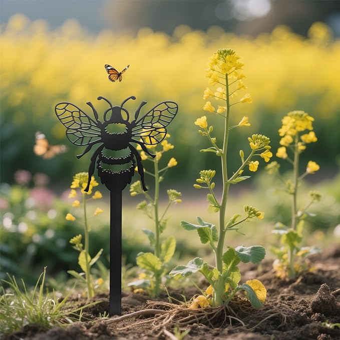 CUTHOLLOW Metal Plant Marker Stake Bee for Outdoor Indoor, Waterproof 11.8 inch Cute Garden Plant Labels Sign Tag for Vegetables, Farmhouse Greenhouse Decor - Funny Gardening Gifts