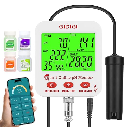 Digital pH EC Meter Smart Hydroponics pH Meter with WiFi for Real Time Large Screen with Multiple Parameters Displayed Simultaneously pH EC Monitor Salt Meter ORP Tester for Aquarium