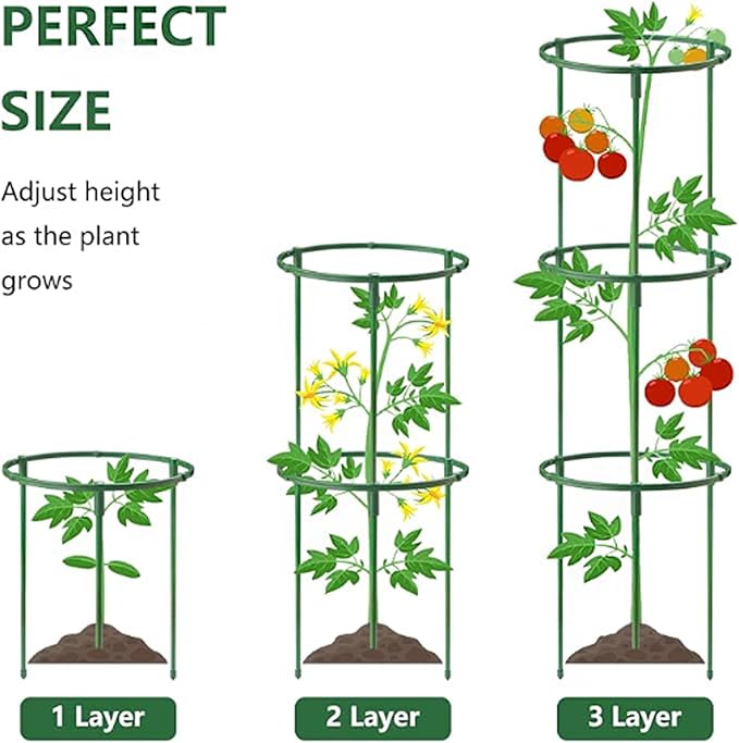 12pcs Multi-Layer Stackable Adjustable Plant Support Stakes Round Cage Holder, 10pcs Plant Support Sticks with Clips, 5pcs Connect Pipes with a Roll Green Ties for Indoor Outdoor Pots Plants