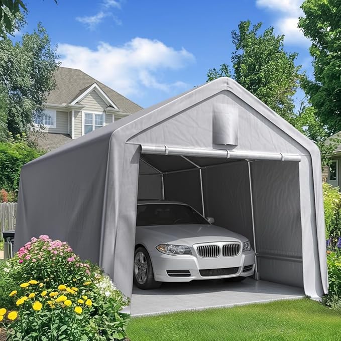 Quictent 10x15FT Carport Shelter Large Storage Shed with Roll-Up Mesh Windows, Heavy Duty Portable Garage for Small Car, Boat, RV Gear Waterproof Storage Tent with Reinforced Frame, Sliver Gray