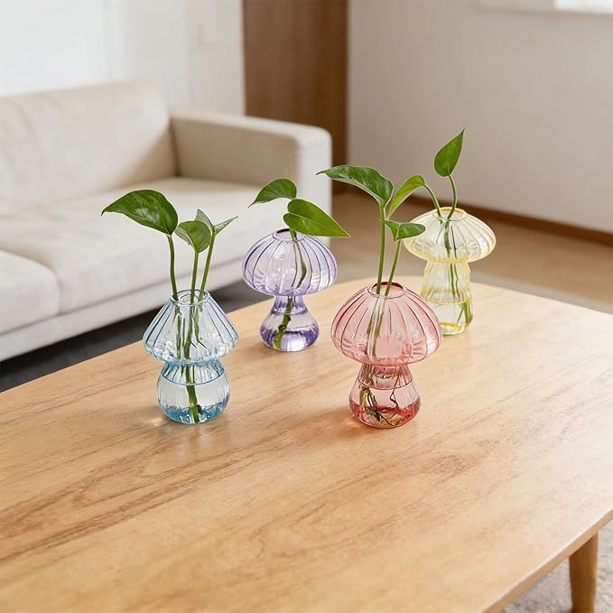 Window Propagation Stations, 4 pcs Colored Mushroom Plant Propagation Station with Suction Cups, Easy to Install Window Hanging Planer, Indoor No Nails Glass Vase Terrarium for Plants&Flowers