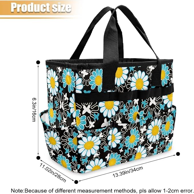 Daisy Print Garden Tool Bag Portable Gardening Tool Organizer Bag with 10 Pockets and Handle Tool Carrier and Storage for Garden Lawn Yard Casual Camp