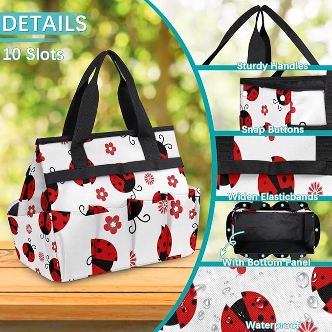 Ladybug Gardening Tool Bag,Heavy Duty Garden Tote Bag,Portable Oxford Flower Gardening Storage Basket Organizer Handbag with Pockets Handle,Hand Tools Gifts for Outdoor Garden Lawn Yard