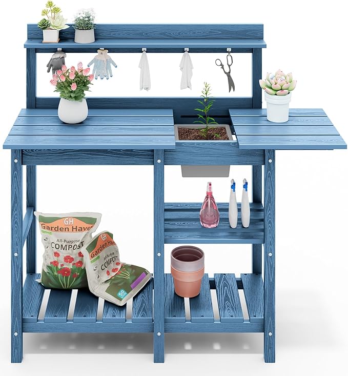 SERWALL Outdoor Potting Bench with Removeable Sink,Rot-Resistant HDPE Potting Table for Outside Gardening, All Weather Use - Blue