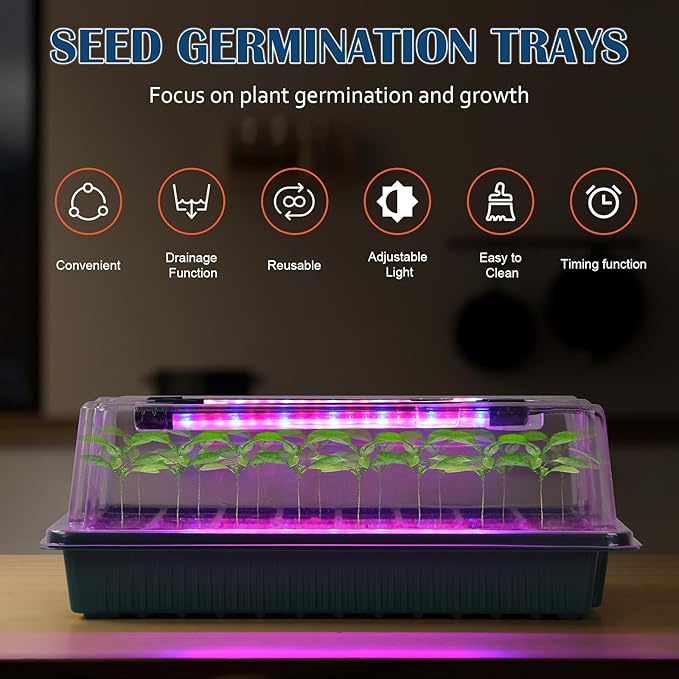 Nandae Seed Starter Tray with Grow Light, 2 Pack 80 Cells Seedling Tray Kit with Humidity Hood and Drainage Hole, Adjustable Light & Timing, Perfect for Indoor Seed Cultivation