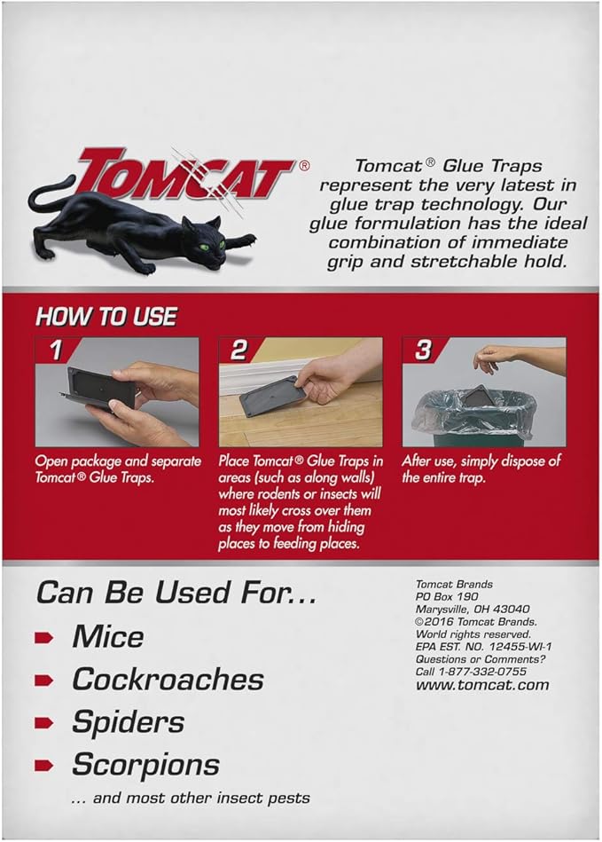 Tomcat Mouse Trap with Immediate Grip Glue for Mice, Cockroaches, and Spiders, Ready-to-Use, 2-Pack (8 Glue Traps)