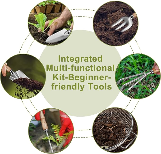 Soil Sifter & Garden Tool Set,Sand Soil Compost Sifter 1/4 Inch Mesh,Stainless Steel Tools with Organizer Bag,Gardening Kit for Weeding, Planting, Digging,Gardening Gifts for Women Men