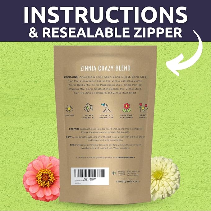 Zinnia Crazy Blend - Bulk 1 Pound Bag - 60,000 Flower Seeds for Planting - Zinnia elegans