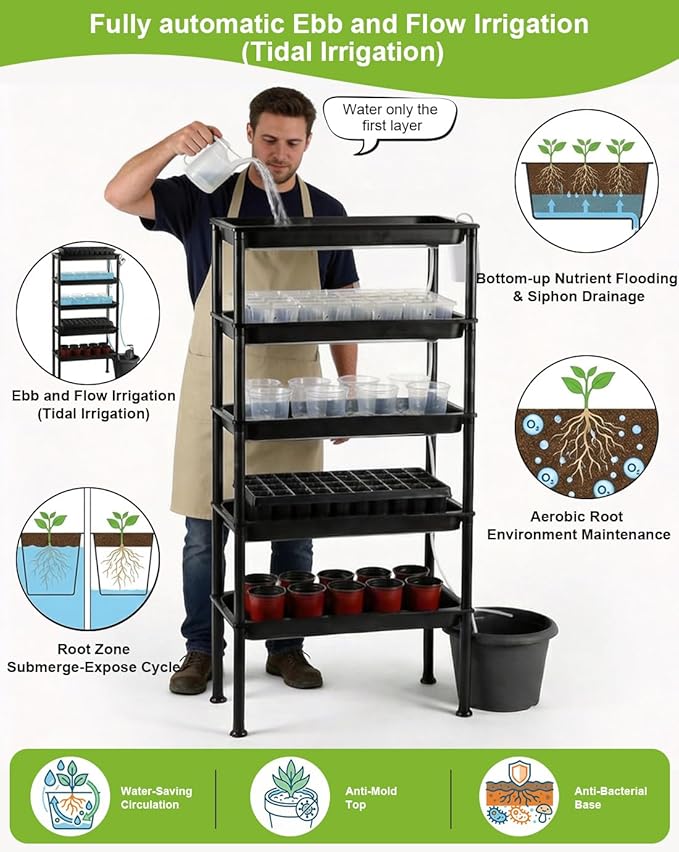 5-Tier Seed Starter Tray Plant Stand - Ebb and Flow Tidal Seedbeds, Manual Circulation Watering Rack for Indoor/Greenhouse, Designed for Nursery Cell Trays, Plant Pots