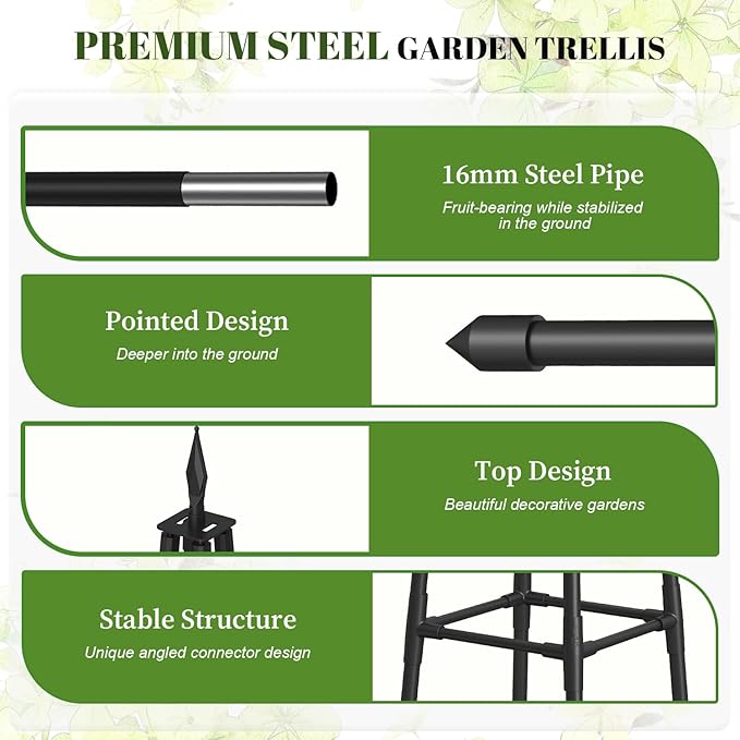 5.2 FT Obelisk Trellis for Climbing Plants,Garden Trellis with Extra Thickened Plastic-Coated Metal Pipes, Outdoor & Indoor Garden Support for Potted Plants, Black