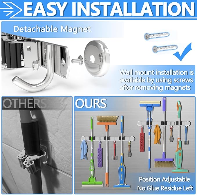 3-H Magnetic Broom Holder Wall Mount 2 Pack, 2-in-1 Dual Mount (No Drill or Screw Fix), 304 Stainless Steel Heavy Duty Magnet Mop Broom Organizer for Kitchen Garden Garage(3 Racks & 4 Hooks, Silver)