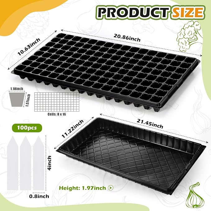 Yinder 20 Pcs Plant Seed Starting Trays, 1020 Trays No Holes and Cells Plug Trays with 100 Pcs Tags, Growing Trays for Nursery, Germination, Wheatgrass, Succulent, Microgreens and More(128 Cells)