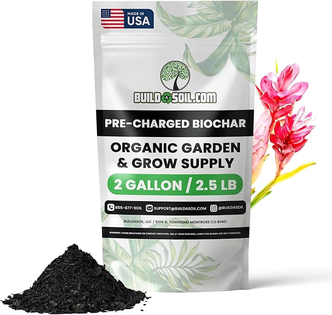 BuildASoil Pre-Charged Biochar Organic Soil Amendment for Plants, No-Till Friendly, 2–5% Mix Rate, Clay Soil Conditioner with Organic Perlite & Horticultural Charcoal Blend, 2 Gallon/2.5 lb