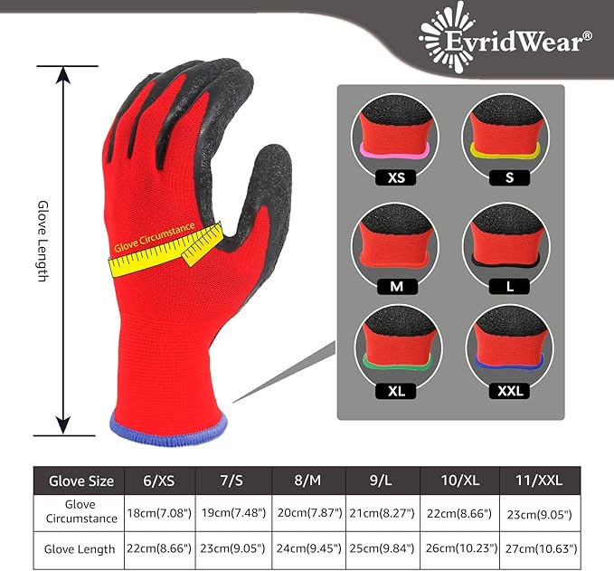 Evridwear Crinkle Latex Rubber Hand Coated Safety Work Gloves for Men Women General Multi Use Construction Warehouse Gardening Assembly Landscaping (XXL-Size) Red 120 Pairs Pack