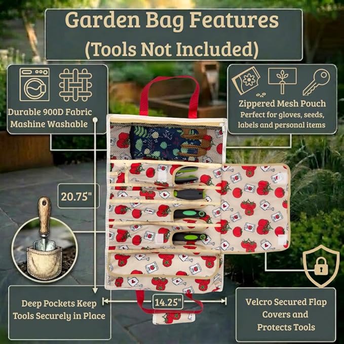 Garden Tool Bag - Roll-Up Garden Tool Holder with Deep Pockets | 900D Polyester Heavy Duty Gardening Tote | Compact Washable Organizer for Tools, Seeds, and Essentials (Tools Not Included)